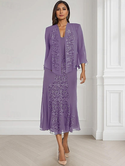 Dress Mother Two Piece the Neck Square A-Line of Bride Elegant