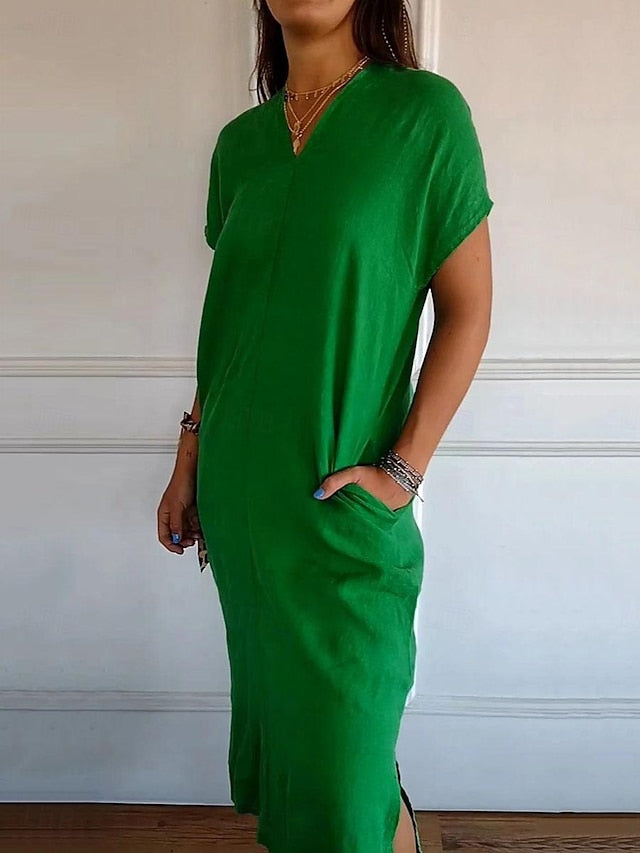 Women's Black Red Green Summer Spring Midi Dress Faux