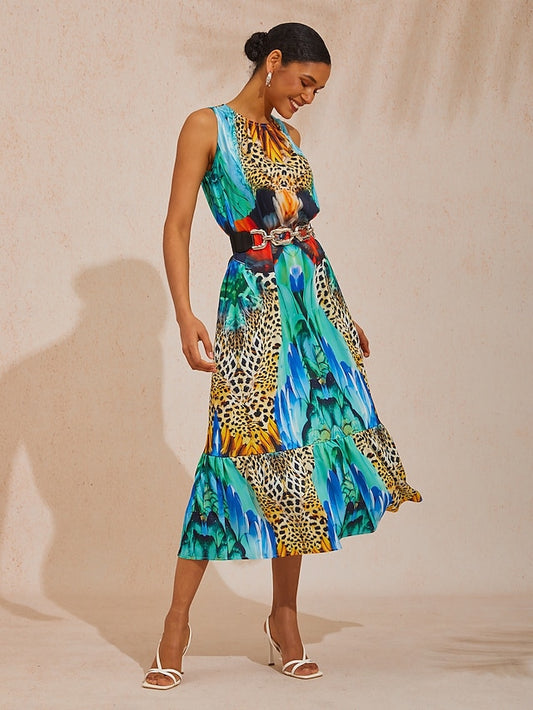 Vacation Jungle Print Satin Maxi Dress