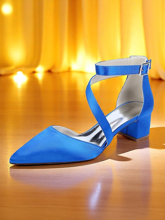 Satin Block Pointed Toe Heels Women's Champagne -