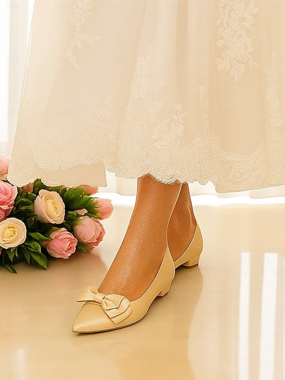 Satin Toe Pointed Green Bow Elegant - Women's Flats