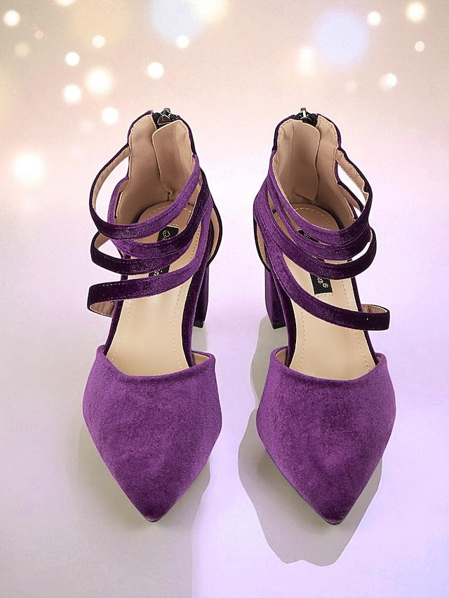 Blue Block Heel Pumps Pointed with Women's Toe Velvet