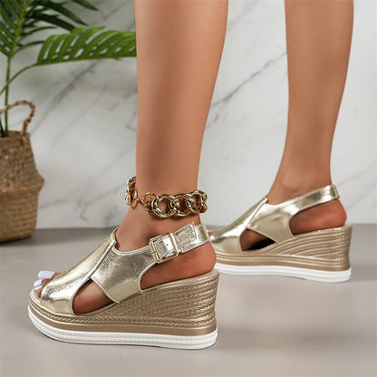 Wedge Metallic Women's with Silver Open-Toe Buckle Sandals