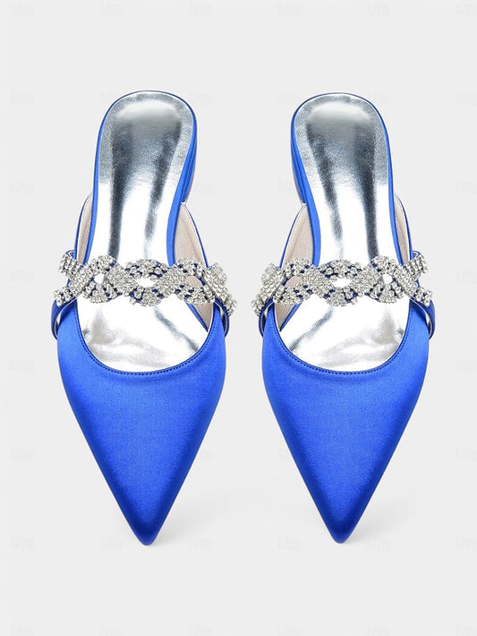 with Pointed-Toe Blue Detailing Mule Rhinestone - Satin Heels