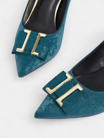 Teal Toe Heel - Pumps Elegant Kitten Pointed Velvet Women's