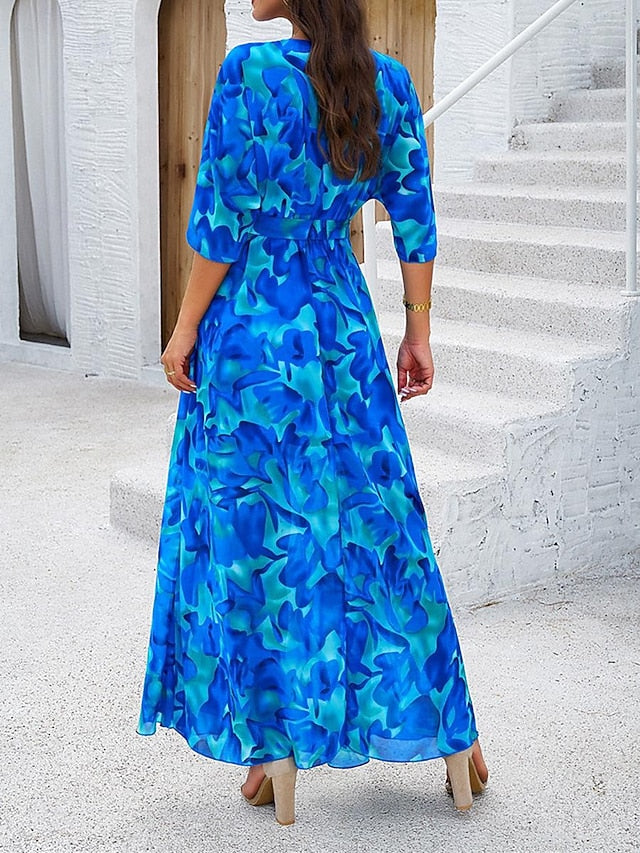 Women's Casual Dress Floral Print V Neck Long Dress Maxi