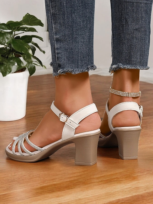 Black Rhinestones with Sandals Block Strappy Comfortable - Heel