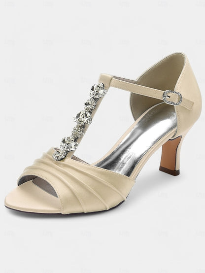 Open-Toe Bridal Satin White Detail Crystal Heels – with