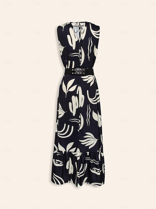 Satin Leaves Sleeveless Maxi Dress (No Belt)