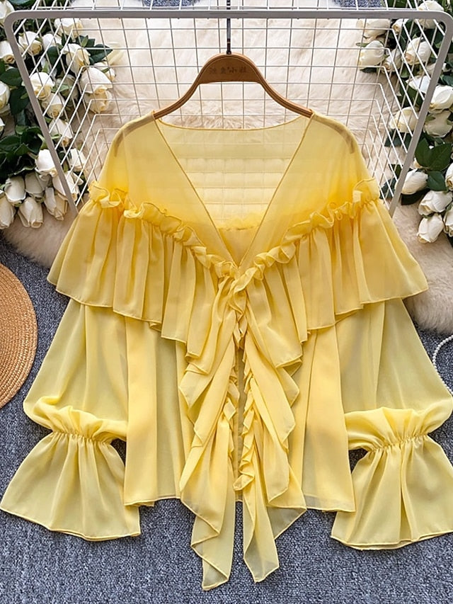 Women's Blouse Solid Color Stylish Casual Long Sleeve V