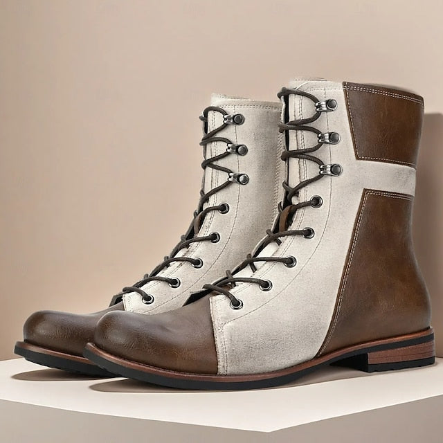 Lace-Up Men's Mid-Calf Faux Leather Two-Tone Vintage Boots