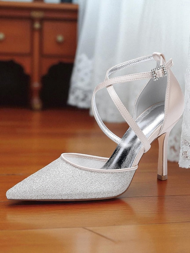 Women's - Ankle Strap Glitter Elegant Silver Stiletto Heels