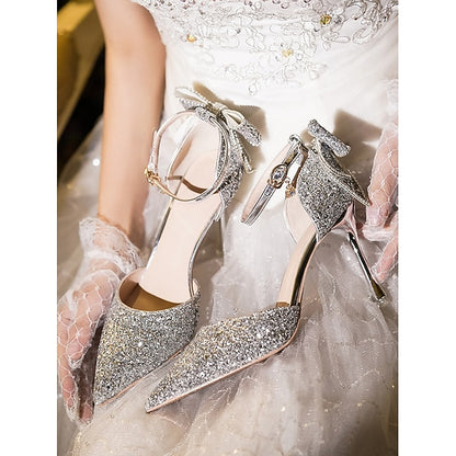 Glitter Bow Sparkly Heels - Pointed Women's Toe Silver