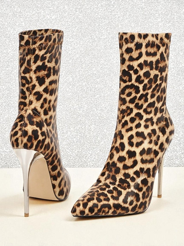 Ankle Women's Leopard Sexy Stiletto Boots Pointed Print -