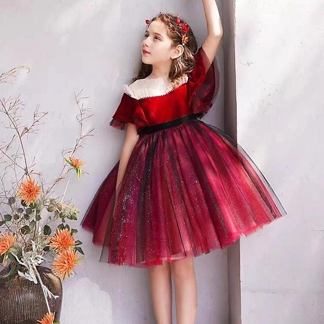 Short Girl Kids Party Solid Flower Dress Girls' Color