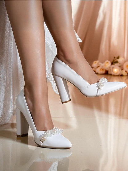White Decor Pumps Block Women's Pearl Heel