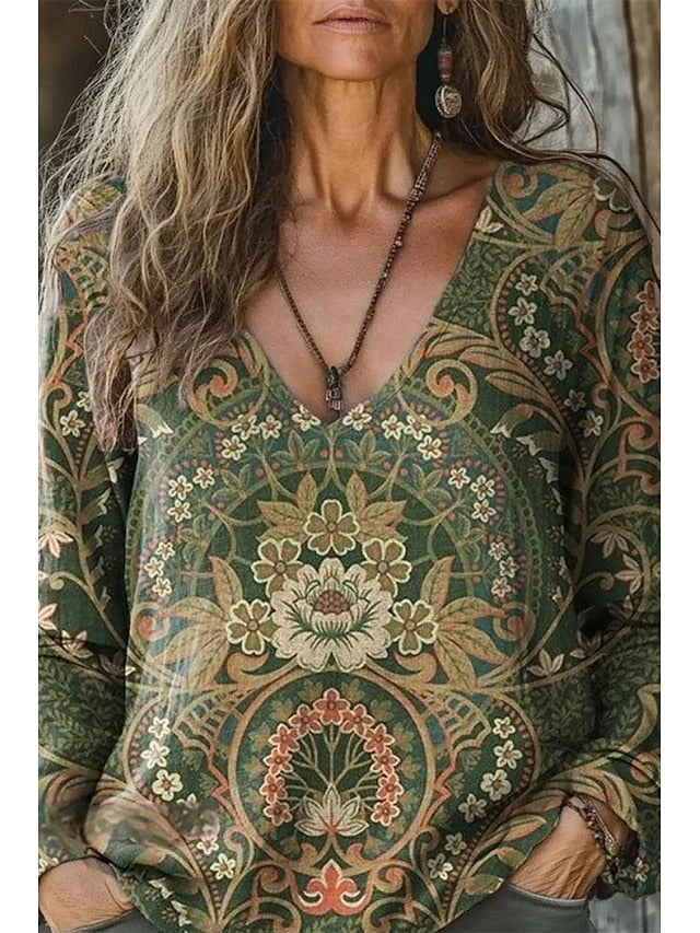 Women's Cotton Blend T Shirt Floral Fashion Casual Long