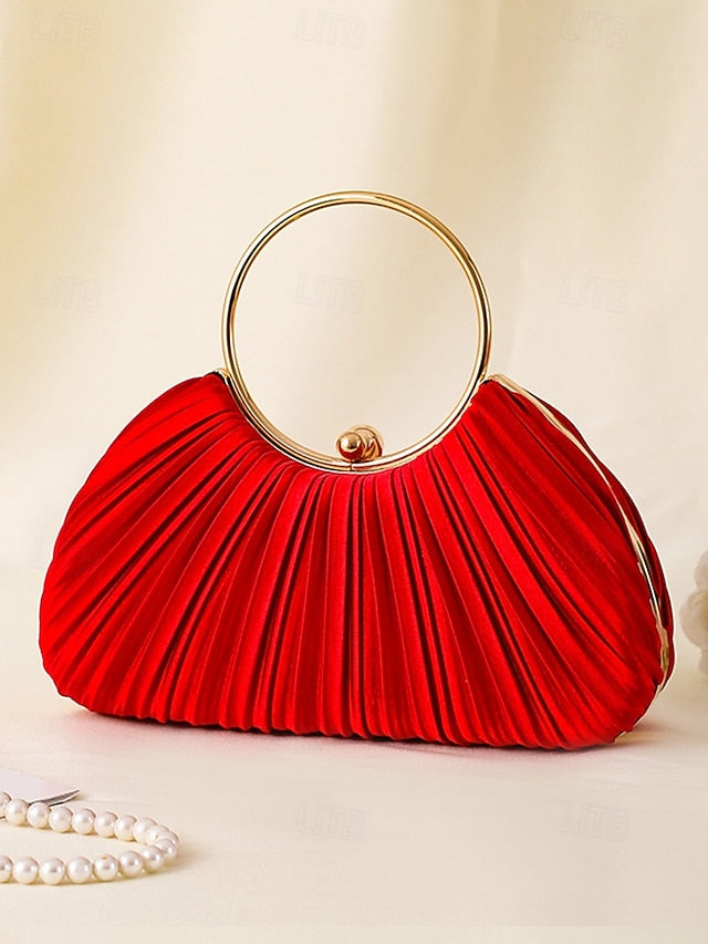 with - Elegant Handle Clutch Ring Green Gold Pleated Velvet