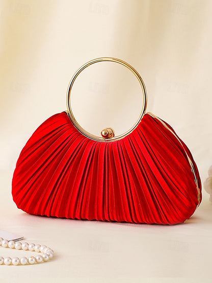 with - Elegant Handle Clutch Ring Green Gold Pleated Velvet