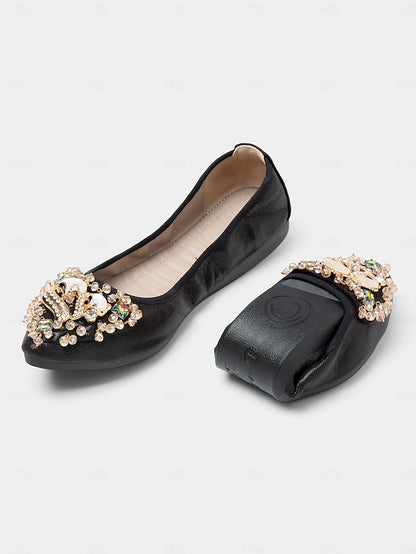 Women's Foldable Rhinestone Ballet Black Flats with