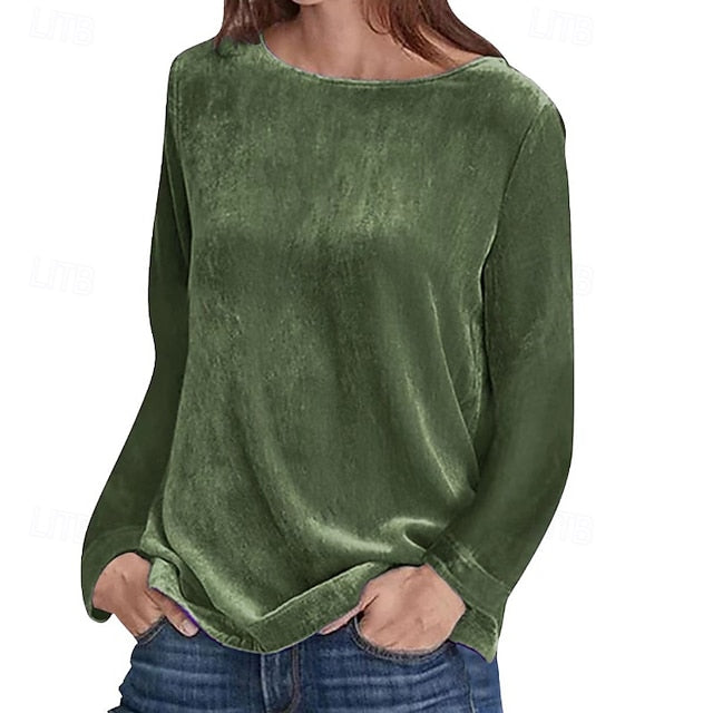 Women's Velvet Elegant Dressy Blouse Plain Stylish Long