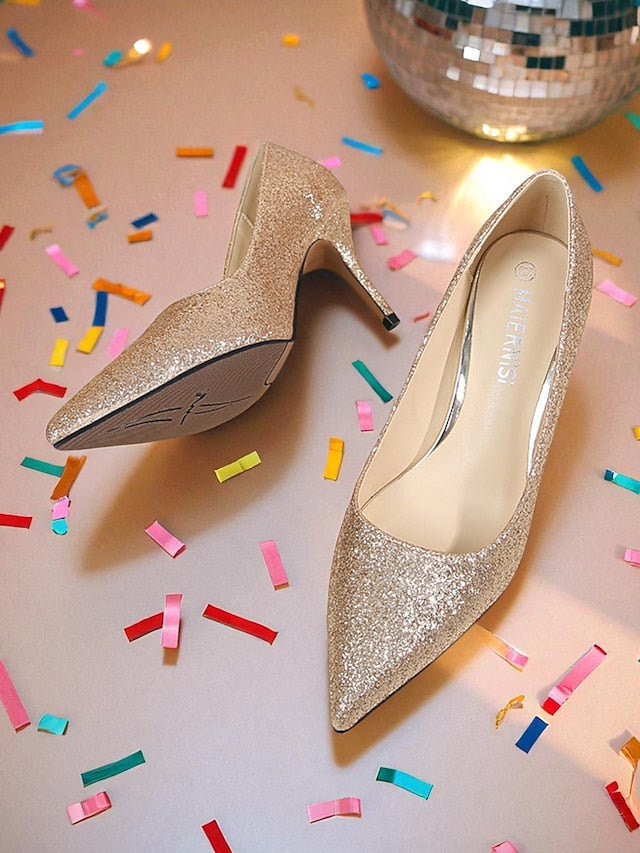 Pumps Gold Pointed-Toe - Stiletto Sparkly Glitter Women's