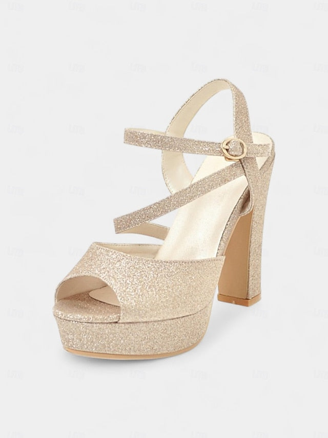 Strap Heel Sandals Platform Ankle High with Glitter Women's