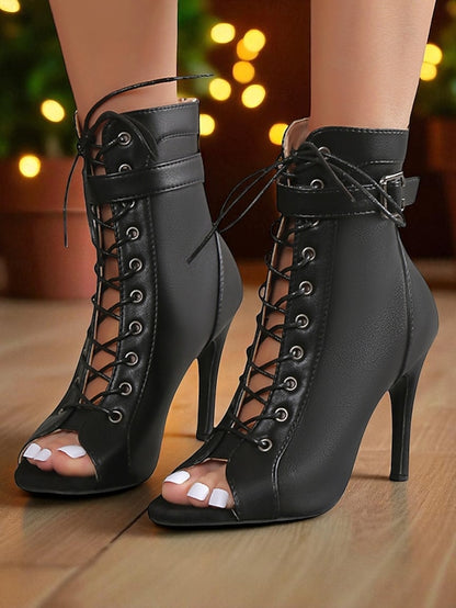 Booties Heel Women's Lace-Up - High Stiletto Peep Black Toe