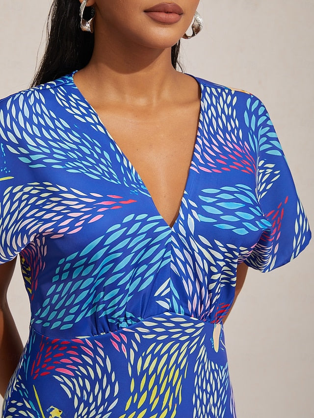 Satin Abstract Block Print Maxi Dress Vacation Party