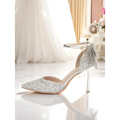 Glitter Bow Sparkly Heels - Pointed Women's Toe Silver