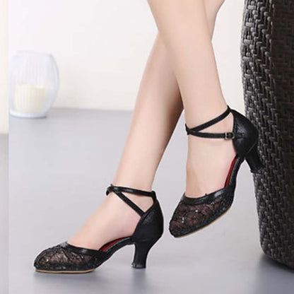 Silver Dance Lace Low Heel Latin Mesh Shoes Women's –