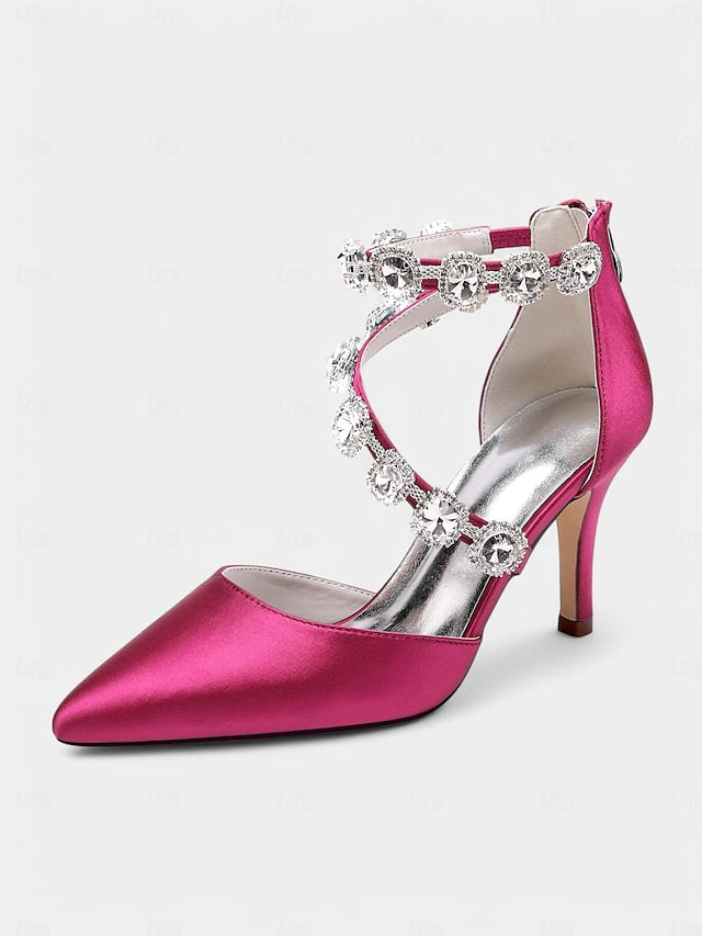 Satin Ankle Heels Crystal with Women's Purple Stiletto