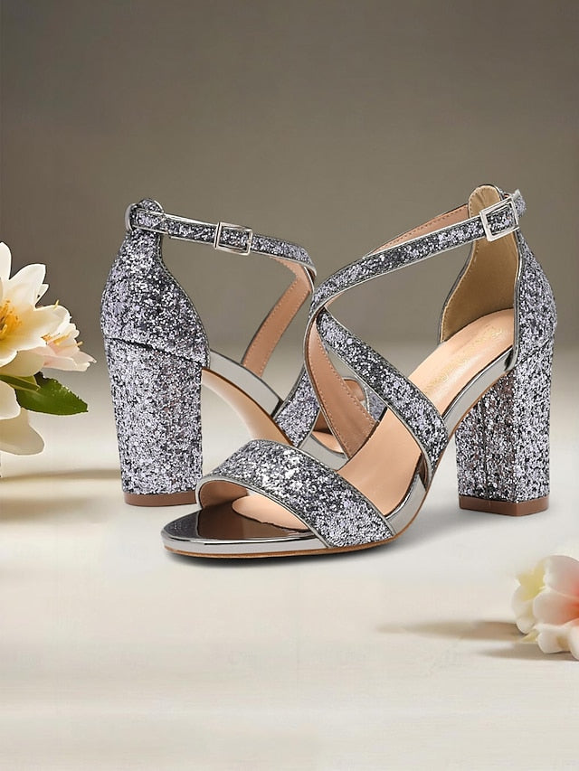 Glitter Gold Sandals Heel Block Women's