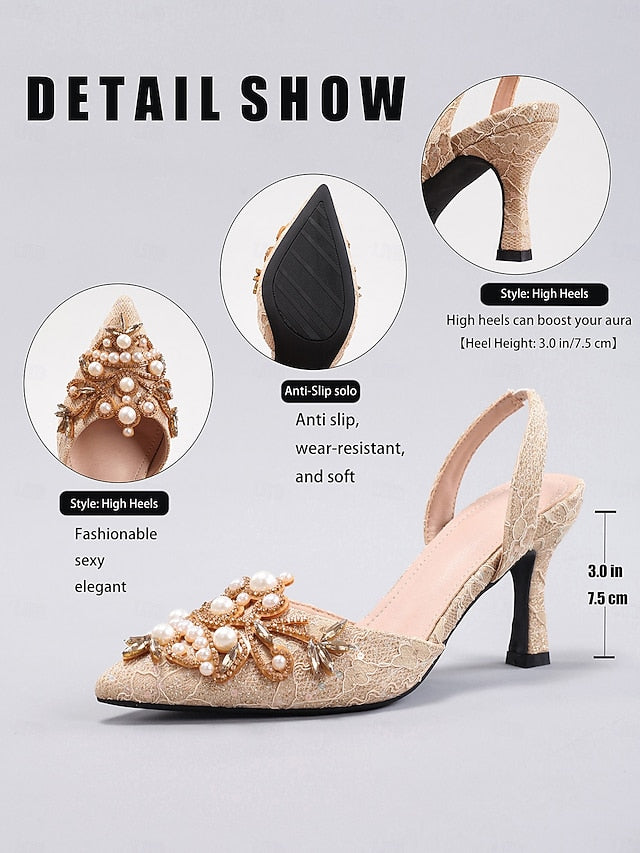 Slingback Satin Black with Women's - Pearl Heels Detailing