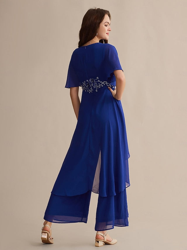 Sequin Guest Blue Royal Cuff Embroidered Flare Chiffon Wedding