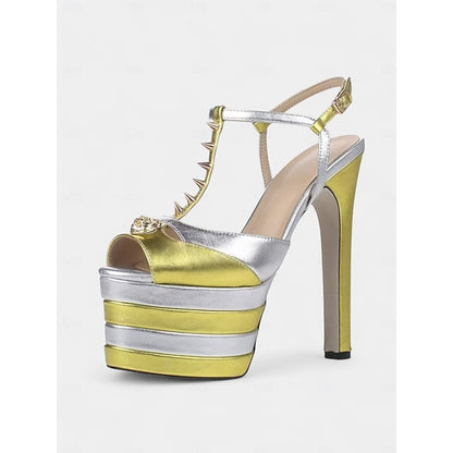Women's Metallic and High Gold Heels - Silver Edgy Platform