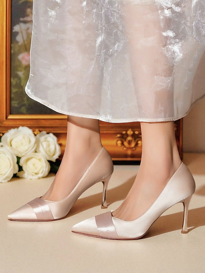 Women's Toe Pumps Dress Pointed Heel Satin - High Champagne