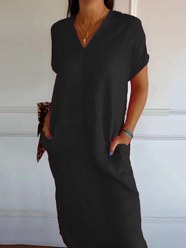 Women's Black Red Green Summer Spring Midi Dress Faux