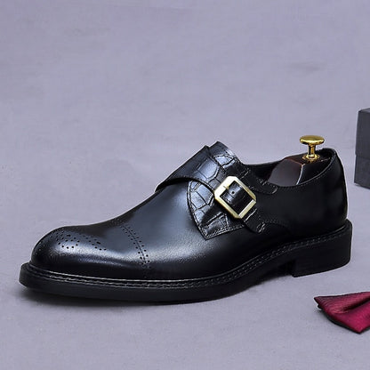 Genuine Leather Strap Black First Dress Monk Men's Shoes-