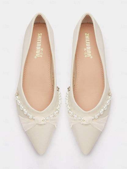 Heel Low Elegant Pointed Flats Embellished Pearl - Women's