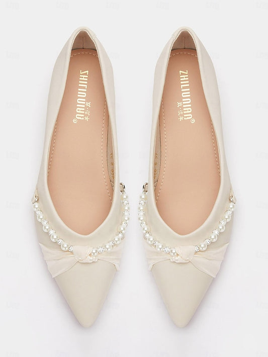Heel Low Elegant Pointed Flats Embellished Pearl - Women's