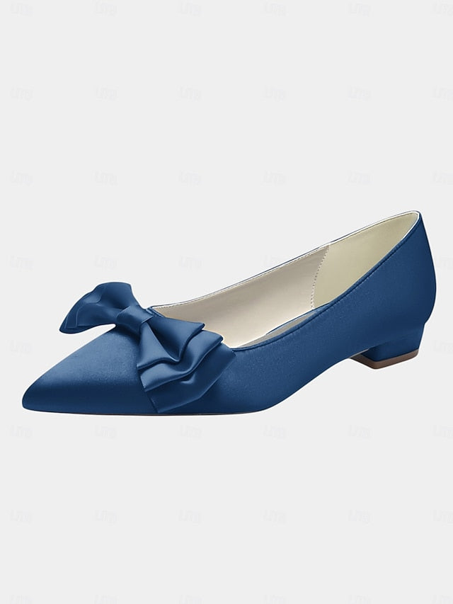 Satin Toe Pointed Green Bow Elegant - Women's Flats