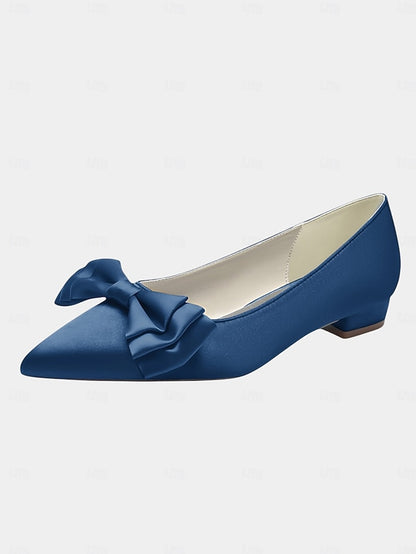 Satin Toe Pointed Green Bow Elegant - Women's Flats