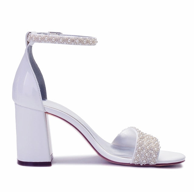 Women's White Block Strap Ankle Embellished Pearl Ivory
