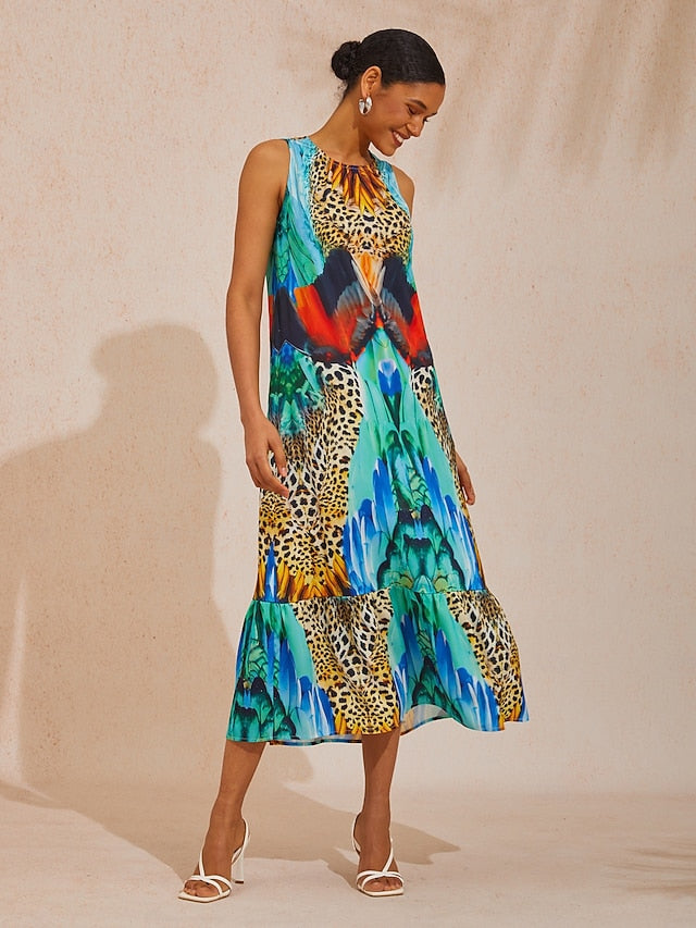 Vacation Jungle Print Satin Maxi Dress