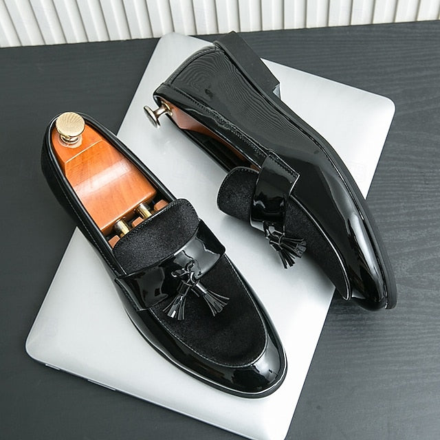 Men's Loafers Velvet Black Tassel Patent Leather – Faux