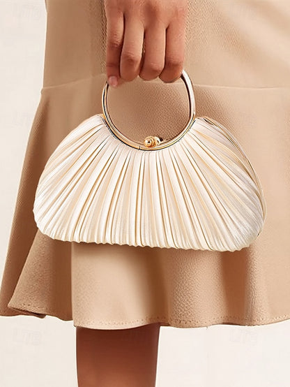 with - Elegant Handle Clutch Ring Green Gold Pleated Velvet