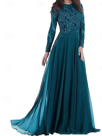 Neck Elegant Mother Dress Party Floor Bride Crew of A-Line the