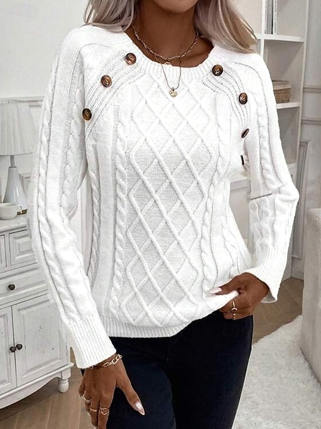 Women's Sweater Casual Soft Pure Color Cable Crew Neck