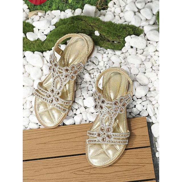 Flat Sandals Silver Women's – T-Strap Rhinestone Boho